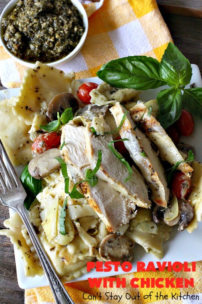 Pesto Ravioli with Chicken | Can't Stay Out of the Kitchen | Succulent & amazing #chicken #recipe with #pesto sauce, #ravioli #mushrooms, #tomatoes & #artichokes. Our company loved this entree. #cheese #parmesancheese #Italian 