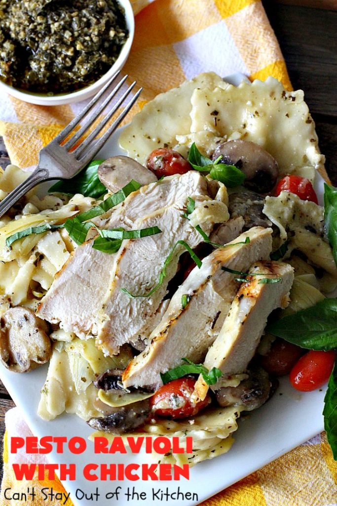 Pesto Ravioli with Chicken | Can't Stay Out of the Kitchen | Succulent & amazing #chicken #recipe with #pesto sauce, #ravioli #mushrooms, #tomatoes & #artichokes. Our company loved this entree. #cheese #parmesancheese #Italian 