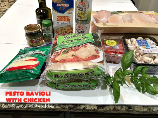Pesto Ravioli with Chicken | Can't Stay Out of the Kitchen | Succulent & amazing #chicken #recipe with #pesto sauce, #ravioli #mushrooms, #tomatoes & #artichokes. Our company loved this entree. #cheese #parmesancheese #Italian 