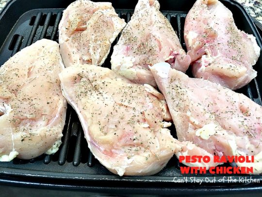 Pesto Ravioli with Chicken | Can't Stay Out of the Kitchen | Succulent & amazing #chicken #recipe with #pesto sauce, #ravioli #mushrooms, #tomatoes & #artichokes. Our company loved this entree. #cheese #parmesancheese #Italian 