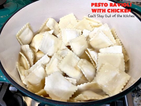 Pesto Ravioli with Chicken | Can't Stay Out of the Kitchen | Succulent & amazing #chicken #recipe with #pesto sauce, #ravioli #mushrooms, #tomatoes & #artichokes. Our company loved this entree. #cheese #parmesancheese #Italian 