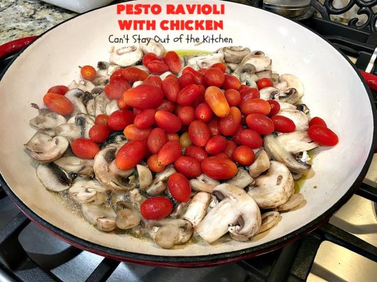 Pesto Ravioli with Chicken | Can't Stay Out of the Kitchen | Succulent & amazing #chicken #recipe with #pesto sauce, #ravioli #mushrooms, #tomatoes & #artichokes. Our company loved this entree. #cheese #parmesancheese #Italian 