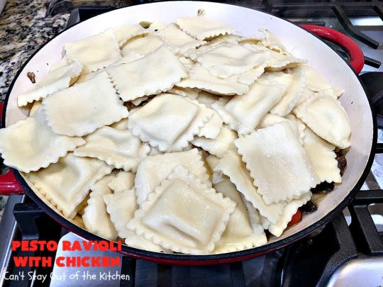 Pesto Ravioli with Chicken | Can't Stay Out of the Kitchen | Succulent & amazing #chicken #recipe with #pesto sauce, #ravioli #mushrooms, #tomatoes & #artichokes. Our company loved this entree. #cheese #parmesancheese #Italian 
