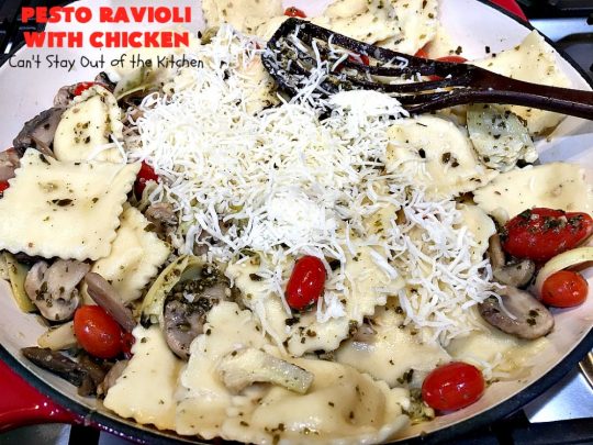 Pesto Ravioli with Chicken | Can't Stay Out of the Kitchen | Succulent & amazing #chicken #recipe with #pesto sauce, #ravioli #mushrooms, #tomatoes & #artichokes. Our company loved this entree. #cheese #parmesancheese #Italian 