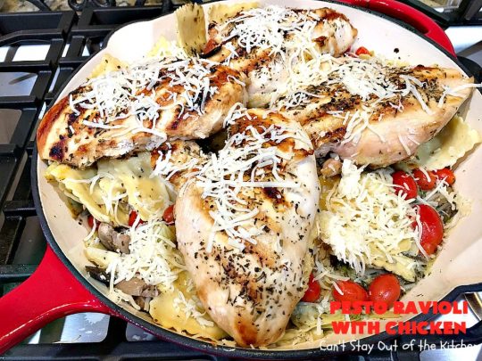 Pesto Ravioli with Chicken | Can't Stay Out of the Kitchen | Succulent & amazing #chicken #recipe with #pesto sauce, #ravioli #mushrooms, #tomatoes & #artichokes. Our company loved this entree. #cheese #parmesancheese #Italian 