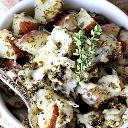 Pesto Red Potatoes | Can't Stay Out of the Kitchen | This super easy 3-ingredient #recipe is absolutely mouthwatering. Our company raved over this #casserole. It's a terrific side dish for company or #holiday dinners like #MothersDay or #FathersDay. #pesto #parmesancheese #glutenfree