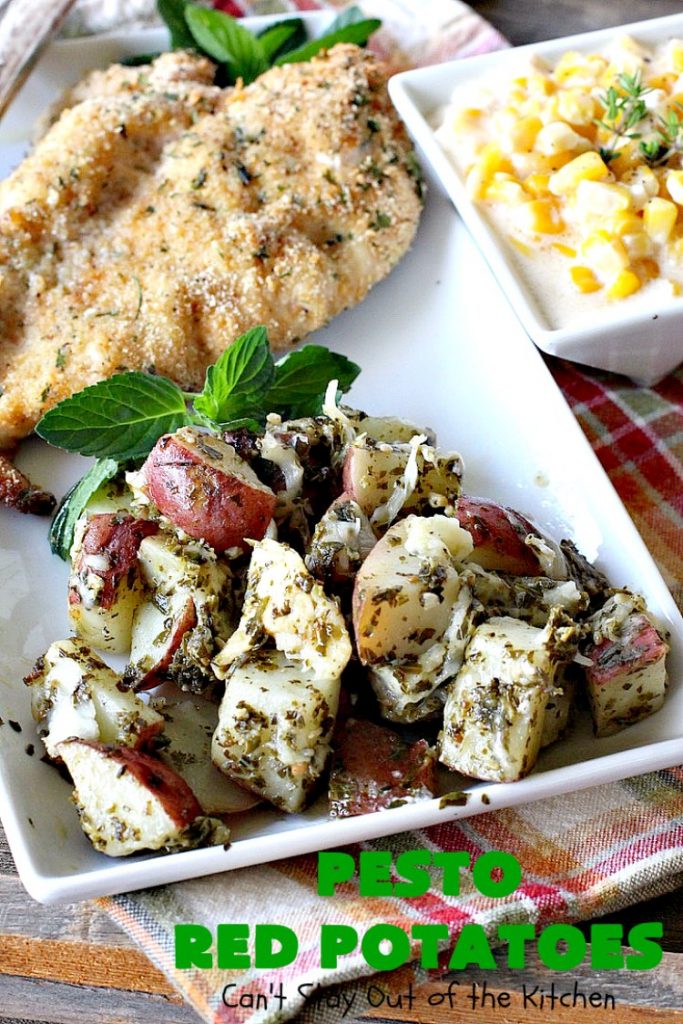 Pesto Red Potatoes | Can't Stay Out of the Kitchen | This super easy 3-ingredient #recipe is absolutely mouthwatering. Our company raved over this #casserole. It's a terrific side dish for company or #holiday dinners like #MothersDay or #FathersDay. #pesto #parmesancheese #glutenfree