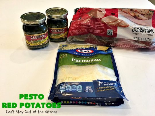 Pesto Red Potatoes | Can't Stay Out of the Kitchen | This super easy 3-ingredient #recipe is absolutely mouthwatering. Our company raved over this #casserole. It's a terrific side dish for company or #holiday dinners like #MothersDay or #FathersDay. #pesto #parmesancheese #glutenfree