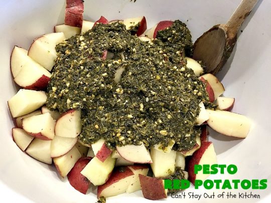 Pesto Red Potatoes | Can't Stay Out of the Kitchen | This super easy 3-ingredient #recipe is absolutely mouthwatering. Our company raved over this #casserole. It's a terrific side dish for company or #holiday dinners like #MothersDay or #FathersDay. #pesto #parmesancheese #glutenfree