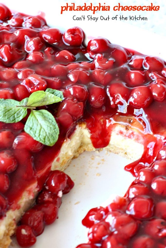 Philadelphia Cheesecake | Can't Stay Out of the Kitchen | this fabulous #cheesecake is exceptionally good for #holidays and special occasions like #Valentine'sDay. #dessert #cherrypiefilling