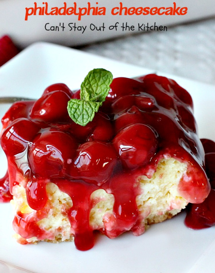 Philadelphia Cheesecake | Can't Stay Out of the Kitchen | this fabulous #cheesecake is exceptionally good for #holidays and special occasions like #Valentine'sDay. #dessert #cherrypiefilling