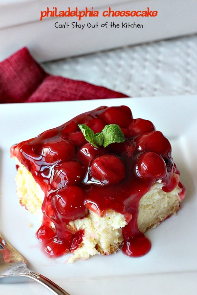 Philadelphia Cheesecake | Can't Stay Out of the Kitchen | this fabulous #cheesecake is exceptionally good for #holidays and special occasions like #Valentine'sDay. #dessert #cherrypiefilling