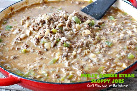 Philly Cheese Steak Sloppy Joes | Can't Stay Out of the Kitchen | these spectacular #SloppyJoes are so mouthwatering & delicious. They can be made in about 15 minutes, making them perfect for busy weeknight dinners. We loved them! #sandwiches #PhillyCheeseSteak