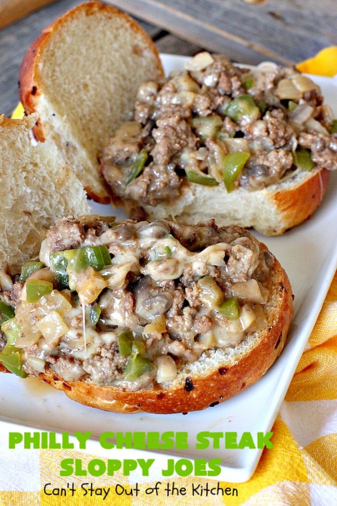 Philly Cheese Steak Sloppy Joes | Can't Stay Out of the Kitchen | these spectacular #SloppyJoes are so mouthwatering & delicious. They can be made in about 15 minutes, making them perfect for busy weeknight dinners. We loved them! #sandwiches #PhillyCheeseSteak