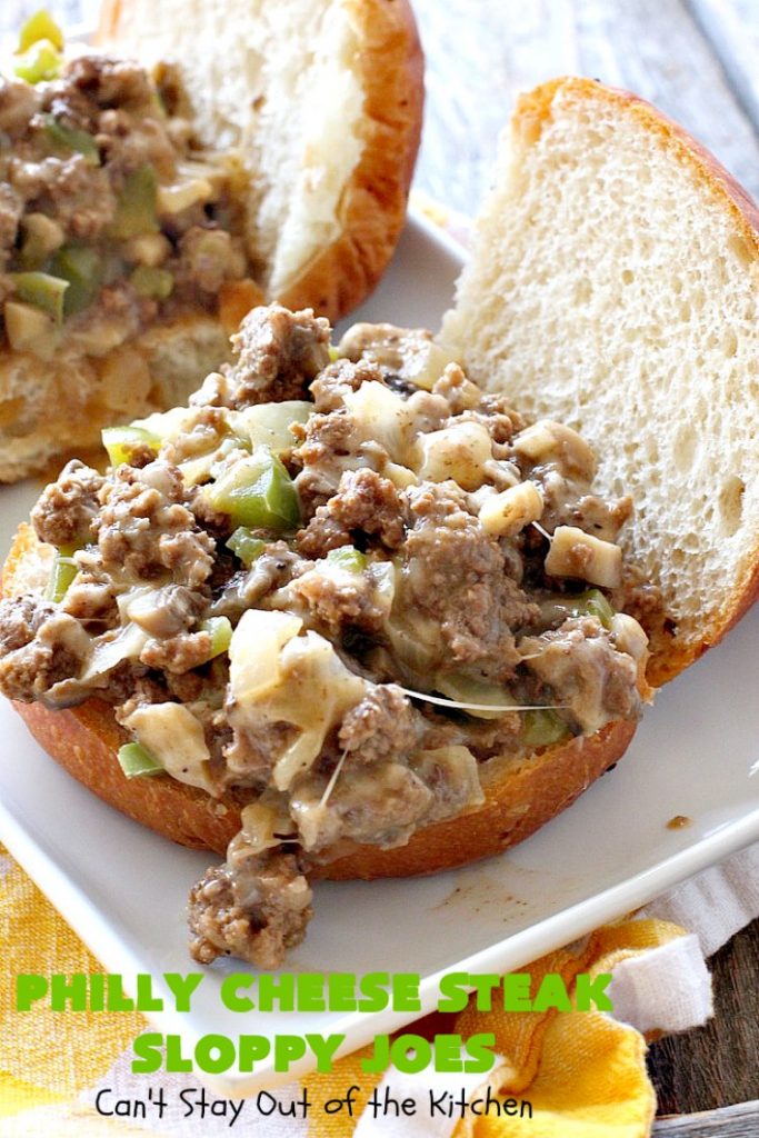 Philly Cheese Steak Sloppy Joes | Can't Stay Out of the Kitchen | these spectacular #SloppyJoes are so mouthwatering & delicious. They can be made in about 15 minutes, making them perfect for busy weeknight dinners. We loved them! #sandwiches #PhillyCheeseSteak