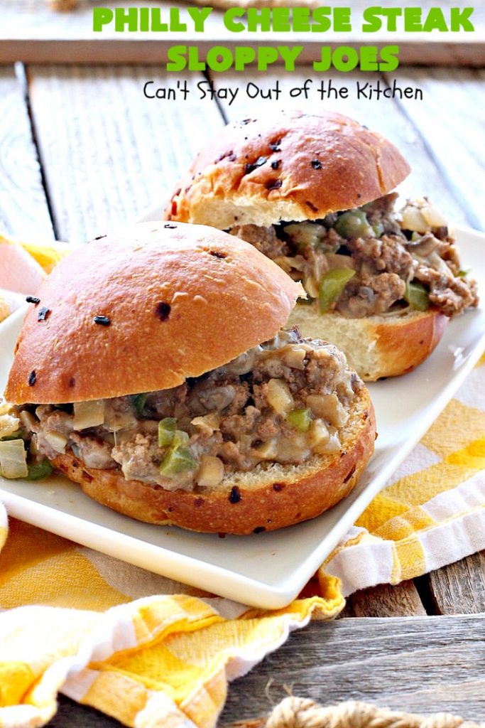 Philly Cheese Steak Sloppy Joes | Can't Stay Out of the Kitchen | these spectacular #SloppyJoes are so mouthwatering & delicious. They can be made in about 15 minutes, making them perfect for busy weeknight dinners. We loved them! #sandwiches #PhillyCheeseSteak