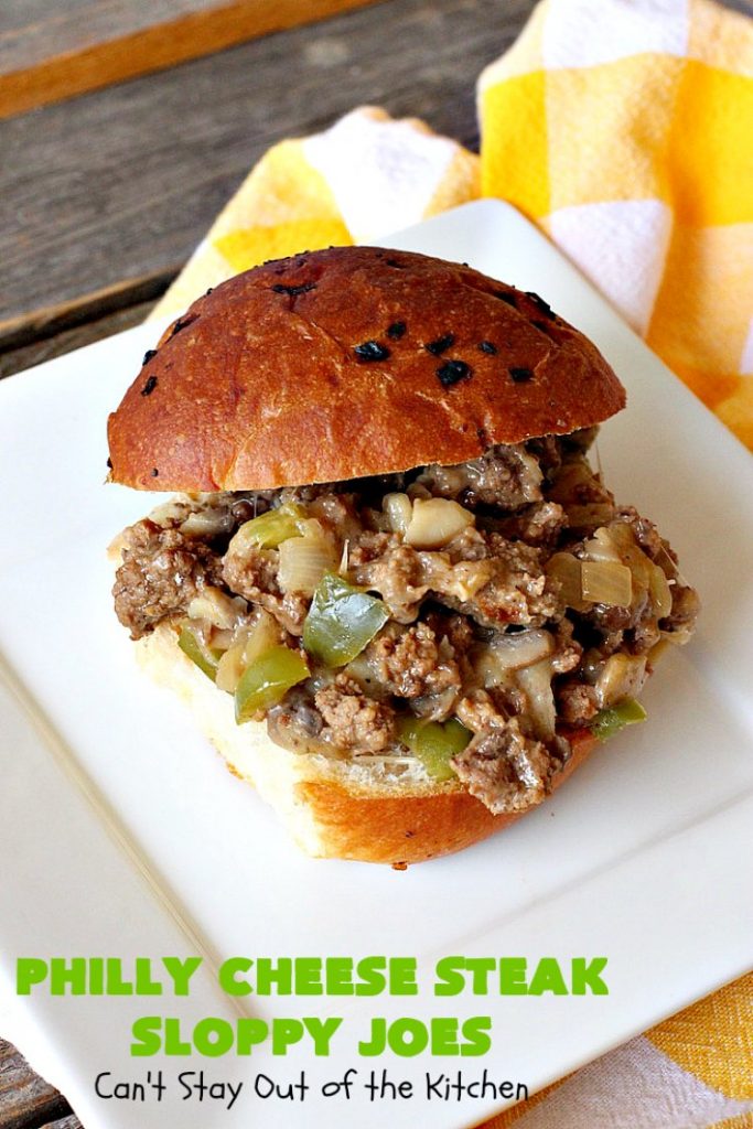 Philly Cheese Steak Sloppy Joes | Can't Stay Out of the Kitchen | these spectacular #SloppyJoes are so mouthwatering & delicious. They can be made in about 15 minutes, making them perfect for busy weeknight dinners. We loved them! #sandwiches #PhillyCheeseSteak