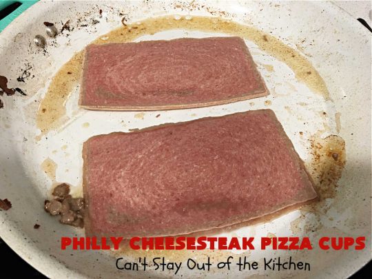 Philly Cheesesteak Pizza Cups | Can't Stay Out of the Kitchen | these fantastic #pizza cups are terrific for #tailgating parties, potlucks & even the #SuperBowl. If you enjoy miniature pizzas, you have to give this #PhillyCheesesteak version a try. This fantastic #appetizer will knock your socks off & will be enjoyed by your whole family! #SteakUmm #ProvoloneCheese #PhillyCheesesteakPizzaCups