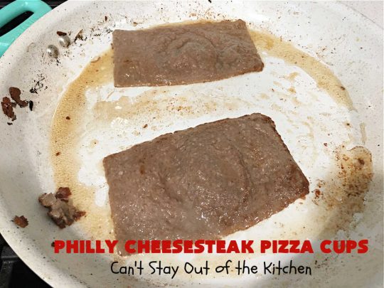 Philly Cheesesteak Pizza Cups | Can't Stay Out of the Kitchen | these fantastic #pizza cups are terrific for #tailgating parties, potlucks & even the #SuperBowl. If you enjoy miniature pizzas, you have to give this #PhillyCheesesteak version a try. This fantastic #appetizer will knock your socks off & will be enjoyed by your whole family! #SteakUmm #ProvoloneCheese #PhillyCheesesteakPizzaCups