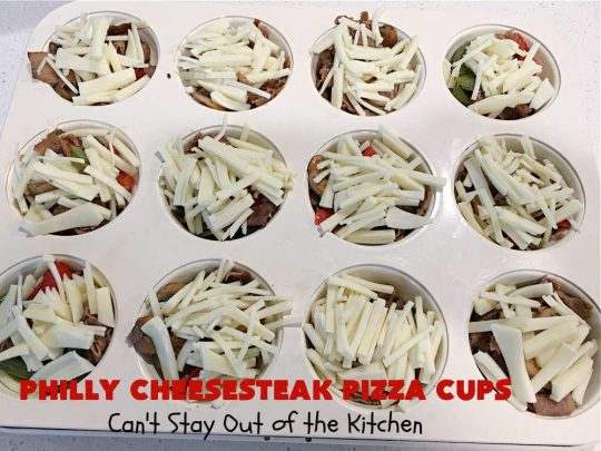 Philly Cheesesteak Pizza Cups | Can't Stay Out of the Kitchen | these fantastic #pizza cups are terrific for #tailgating parties, potlucks & even the #SuperBowl. If you enjoy miniature pizzas, you have to give this #PhillyCheesesteak version a try. This fantastic #appetizer will knock your socks off & will be enjoyed by your whole family! #SteakUmm #ProvoloneCheese #PhillyCheesesteakPizzaCups