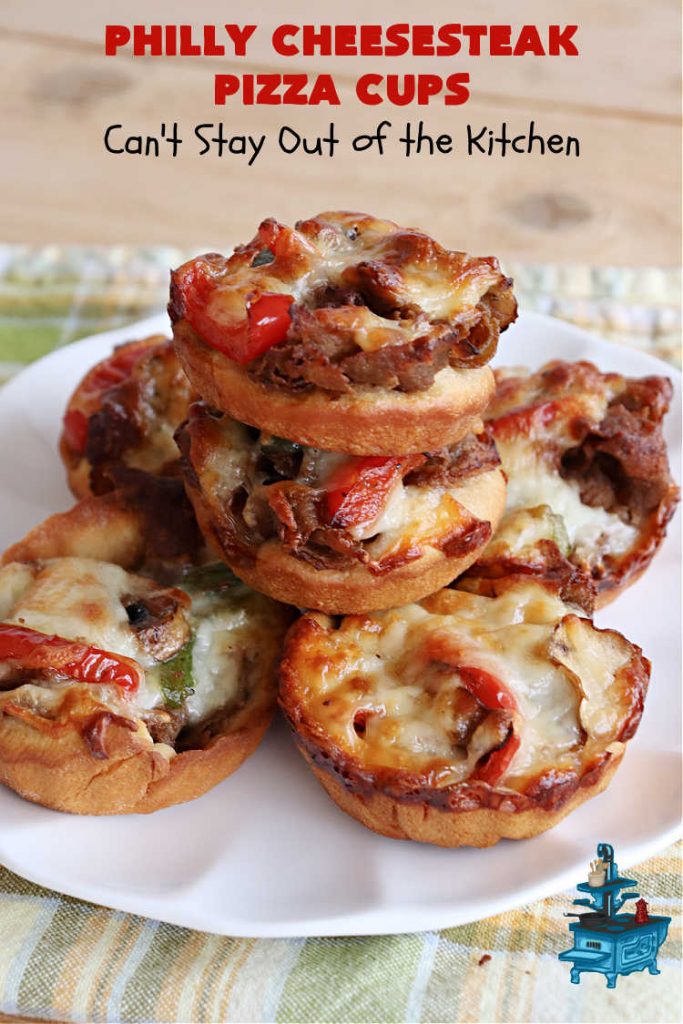 Philly Cheesesteak Pizza Cups | Can't Stay Out of the Kitchen | these fantastic #pizza cups are terrific for #tailgating parties, potlucks & even the #SuperBowl. If you enjoy miniature pizzas, you have to give this #PhillyCheesesteak version a try. This fantastic #appetizer will knock your socks off & will be enjoyed by your whole family! #SteakUmm #ProvoloneCheese #PhillyCheesesteakPizzaCups
