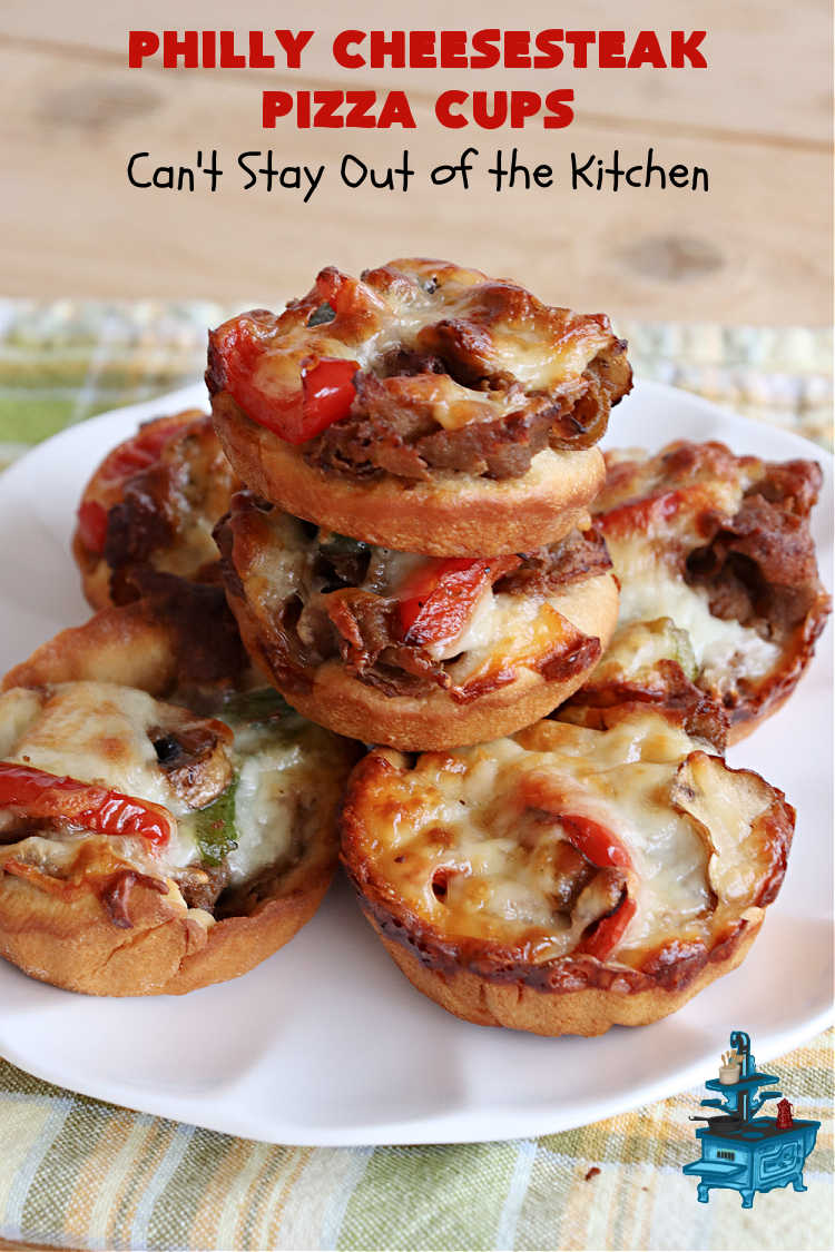 Philly Cheesesteak Pizza Cups | Can't Stay Out of the Kitchen | these fantastic #pizza cups are terrific for #tailgating parties, potlucks & even the #SuperBowl. If you enjoy miniature pizzas, you have to give this #PhillyCheesesteak version a try. This fantastic #appetizer will knock your socks off & will be enjoyed by your whole family! #SteakUmm #ProvoloneCheese #PhillyCheesesteakPizzaCups