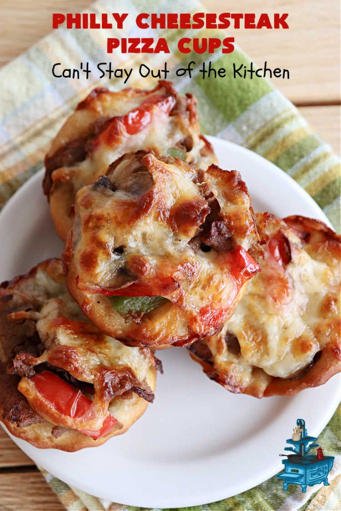 Philly Cheesesteak Pizza Cups | Can't Stay Out of the Kitchen | these fantastic #pizza cups are terrific for #tailgating parties, potlucks & even the #SuperBowl. If you enjoy miniature pizzas, you have to give this #PhillyCheesesteak version a try. This fantastic #appetizer will knock your socks off & will be enjoyed by your whole family! #SteakUmm #ProvoloneCheese #PhillyCheesesteakPizzaCups