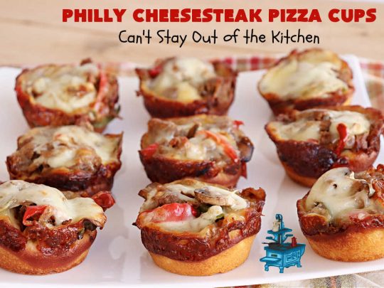 Philly Cheesesteak Pizza Cups | Can't Stay Out of the Kitchen | these fantastic #pizza cups are terrific for #tailgating parties, potlucks & even the #SuperBowl. If you enjoy miniature pizzas, you have to give this #PhillyCheesesteak version a try. This fantastic #appetizer will knock your socks off & will be enjoyed by your whole family! #SteakUmm #ProvoloneCheese #PhillyCheesesteakPizzaCups