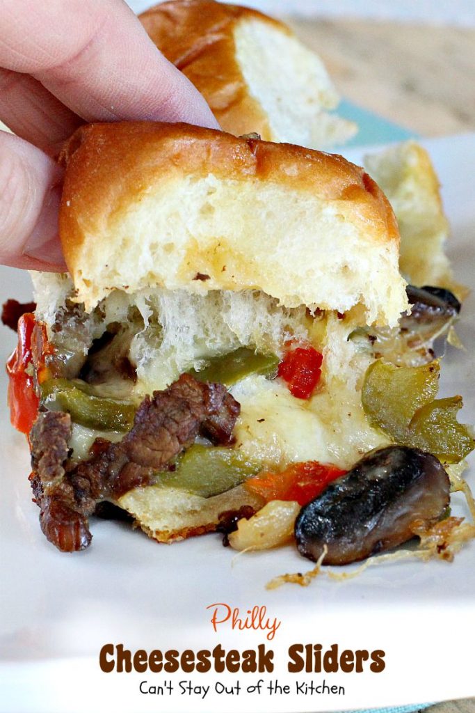 Philly Cheesecake Sliders | Can't Stay Out of the Kitchen | one of the most scrumptious #sliders you'll ever eat. Great for #tailgating parties or the #SuperBowl! These use #King'sHawaiianRolls.