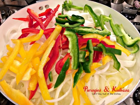 Pierogies & Kielbasa | Can't Stay Out of the Kitchen | delicious #Polish dish with #kielbasa #pierogies peppers and onions. #sausage
