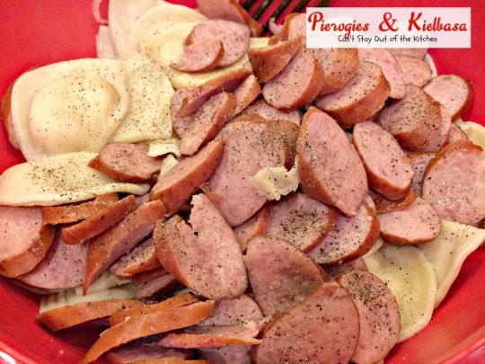 Pierogies & Kielbasa | Can't Stay Out of the Kitchen | delicious #Polish dish with #kielbasa #pierogies peppers and onions. #sausage