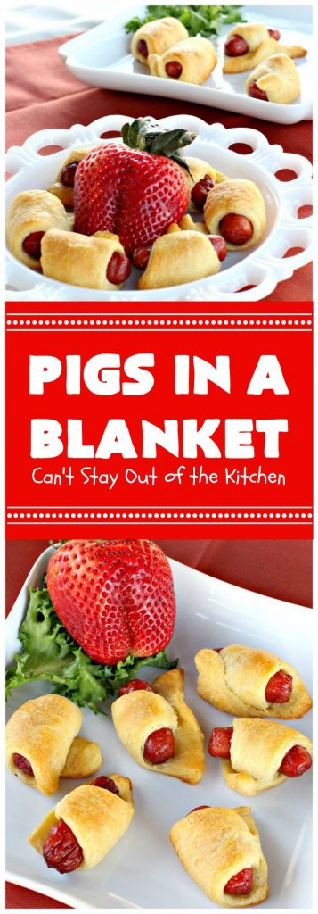 Pigs in a Blanket | Can't Stay Out of the Kitchen | this super easy 2-ingredient #recipe is perfect for a company or #holiday #breakfast. We also like to serve it as an #appetizer for #tailgating parties, potlucks, even the #SuperBowl! Everyone always loves this simple but delicious way to use #LilSmokies #CrescentRolls #Pillsbury #pork #EasyTailgatingAppetizer #sausages #EasyHolidayBreakfast