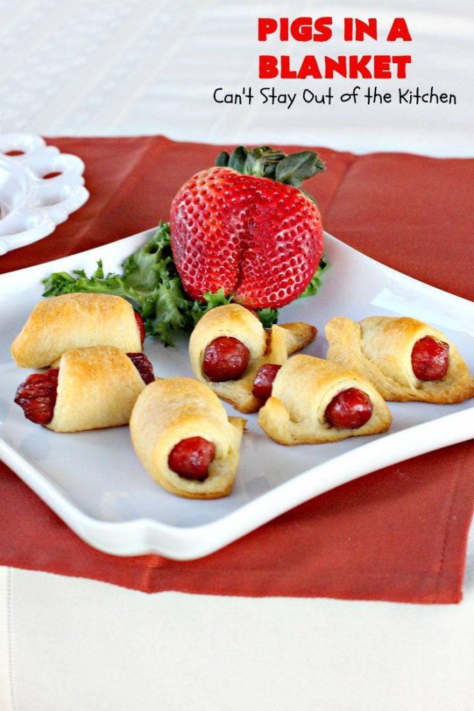 Pigs in a Blanket | Can't Stay Out of the Kitchen | this super easy 2-ingredient #recipe is perfect for a company or #holiday #breakfast. We also like to serve it as an #appetizer for #tailgating parties, potlucks, even the #SuperBowl! Everyone always loves this simple but delicious way to use #LilSmokies #CrescentRolls #Pillsbury #pork #EasyTailgatingAppetizer #sausages #EasyHolidayBreakfast