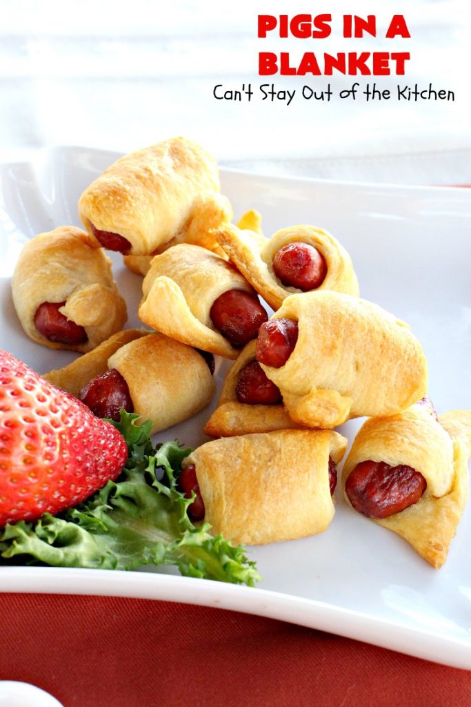 Pigs in a Blanket | Can't Stay Out of the Kitchen | this super easy 2-ingredient #recipe is perfect for a company or #holiday #breakfast. We also like to serve it as an #appetizer for #tailgating parties, potlucks, even the #SuperBowl! Everyone always loves this simple but delicious way to use #LilSmokies #CrescentRolls #Pillsbury #pork #EasyTailgatingAppetizer #sausages #EasyHolidayBreakfast