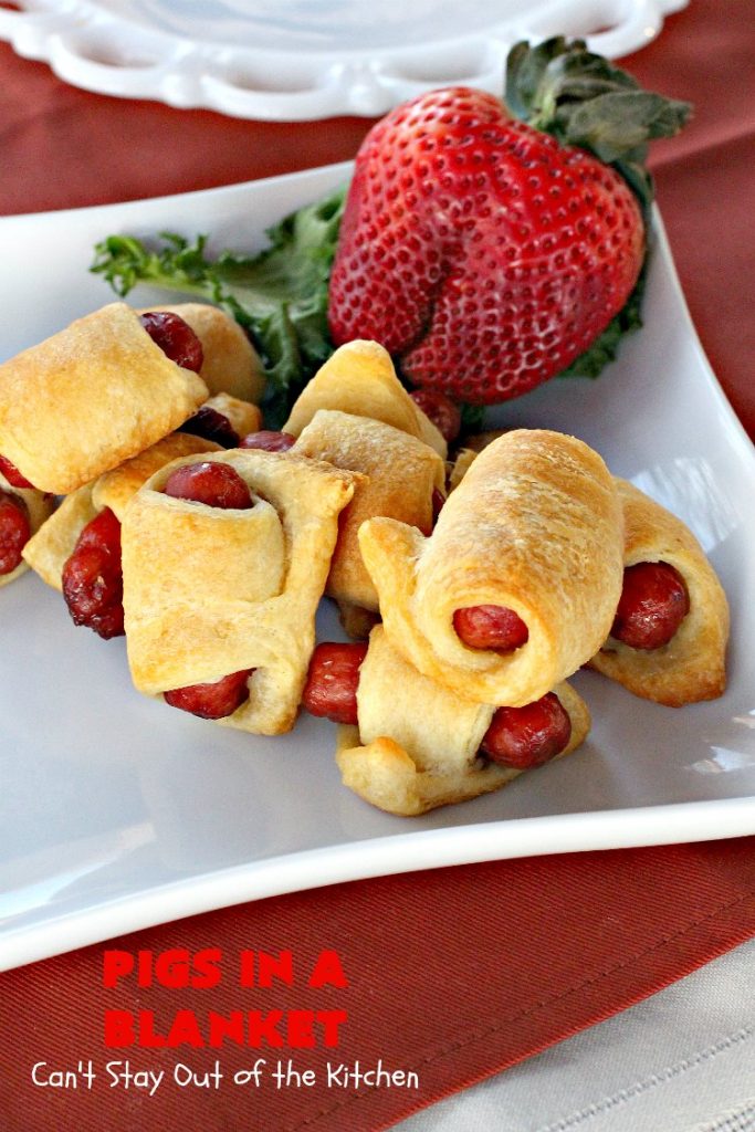 Pigs in a Blanket | Can't Stay Out of the Kitchen | this super easy 2-ingredient #recipe is perfect for a company or #holiday #breakfast. We also like to serve it as an #appetizer for #tailgating parties, potlucks, even the #SuperBowl! Everyone always loves this simple but delicious way to use #LilSmokies #CrescentRolls #Pillsbury #pork #EasyTailgatingAppetizer #sausages #EasyHolidayBreakfast