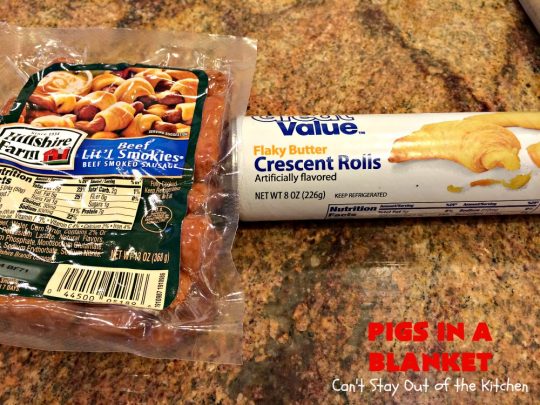 Pigs in a Blanket | Can't Stay Out of the Kitchen | this super easy 2-ingredient #recipe is perfect for a company or #holiday #breakfast. We also like to serve it as an #appetizer for #tailgating parties, potlucks, even the #SuperBowl! Everyone always loves this simple but delicious way to use #LilSmokies #CrescentRolls #Pillsbury #pork #EasyTailgatingAppetizer #sausages #EasyHolidayBreakfast