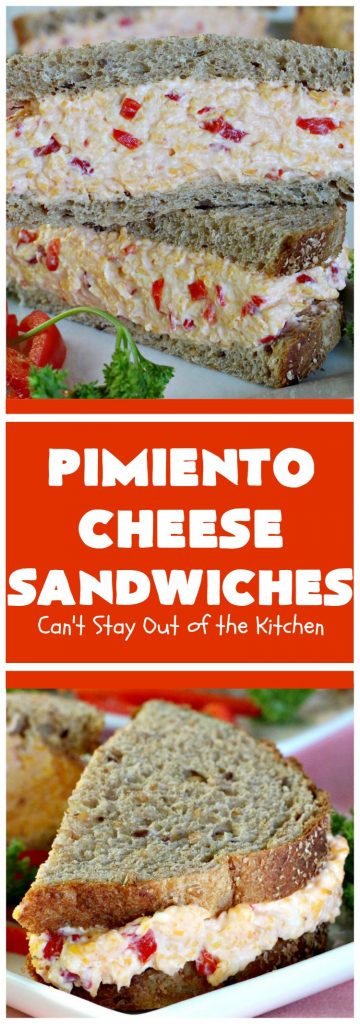 Pimiento Cheese Sandwiches | Can't Stay Out of the Kitchen | these #sandwiches have always been a family favorite because I use #CreamCheese. So delicious. #Pimientos #CheddarCheese #PimentoCheeseSandwiches