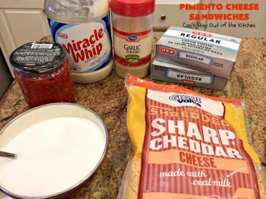 Pimiento Cheese Sandwiches | Can't Stay Out of the Kitchen | these #sandwiches have always been a family favorite because I use #CreamCheese. So delicious. #Pimientos #CheddarCheese #PimentoCheeseSandwiches 