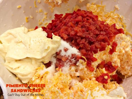 Pimiento Cheese Sandwiches | Can't Stay Out of the Kitchen | these #sandwiches have always been a family favorite because I use #CreamCheese. So delicious. #Pimientos #CheddarCheese #PimentoCheeseSandwiches 