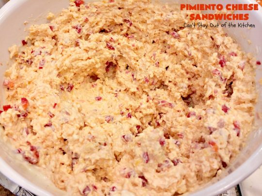 Pimiento Cheese Sandwiches | Can't Stay Out of the Kitchen | these #sandwiches have always been a family favorite because I use #CreamCheese. So delicious. #Pimientos #CheddarCheese #PimentoCheeseSandwiches 