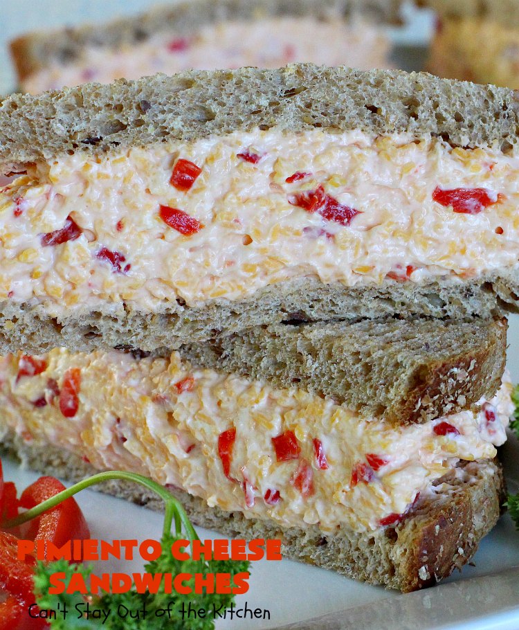Pimiento Cheese Sandwiches | Can't Stay Out of the Kitchen | these #sandwiches have always been a family favorite because I use #CreamCheese. So delicious. #Pimientos #CheddarCheese #PimentoCheeseSandwiches