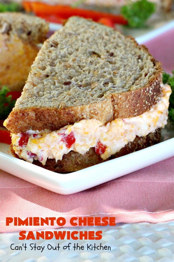 Pimiento Cheese Sandwiches | Can't Stay Out of the Kitchen | these #sandwiches have always been a family favorite because I use #CreamCheese. So delicious. #Pimientos #CheddarCheese #PimentoCheeseSandwiches 