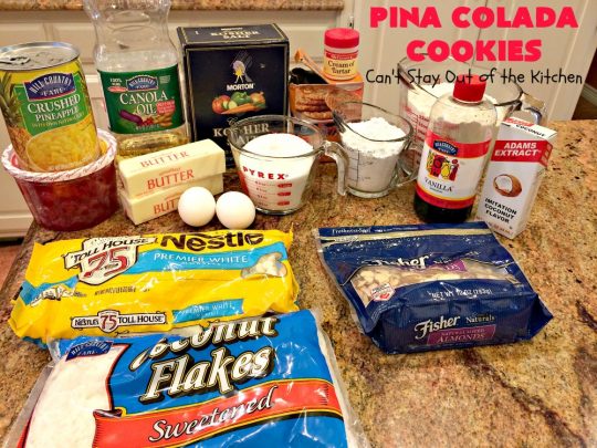 Pina Colada Cookies | Can't Stay Out of the Kitchen | these spectacular #Christmas #cookies have #pineapple, #coconut, #almonds, #candiedcherries & vanilla chips. They are out of this world good! Perfect for #holiday #baking & #ChristmasCookie Exchanges. #dessert #CherryDessert #PineappleDessert #PinaColada #ChristmasCookieExchange