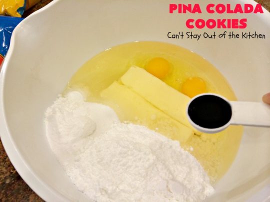 Pina Colada Cookies | Can't Stay Out of the Kitchen | these spectacular #Christmas #cookies have #pineapple, #coconut, #almonds, #candiedcherries & vanilla chips. They are out of this world good! Perfect for #holiday #baking & #ChristmasCookie Exchanges. #dessert #CherryDessert #PineappleDessert #PinaColada #ChristmasCookieExchange