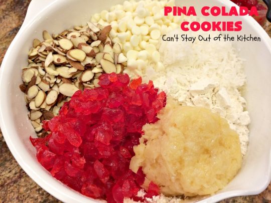 Pina Colada Cookies | Can't Stay Out of the Kitchen | these spectacular #Christmas #cookies have #pineapple, #coconut, #almonds, #candiedcherries & vanilla chips. They are out of this world good! Perfect for #holiday #baking & #ChristmasCookie Exchanges. #dessert #CherryDessert #PineappleDessert #PinaColada #ChristmasCookieExchange