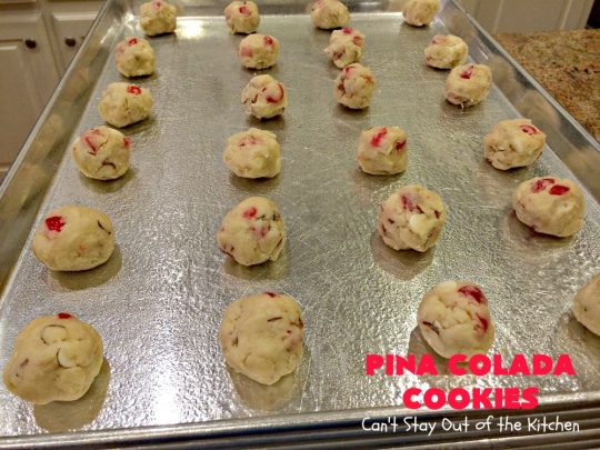 Pina Colada Cookies | Can't Stay Out of the Kitchen | these spectacular #Christmas #cookies have #pineapple, #coconut, #almonds, #candiedcherries & vanilla chips. They are out of this world good! Perfect for #holiday #baking & #ChristmasCookie Exchanges. #dessert #CherryDessert #PineappleDessert #PinaColada #ChristmasCookieExchange