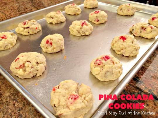 Pina Colada Cookies | Can't Stay Out of the Kitchen | these spectacular #Christmas #cookies have #pineapple, #coconut, #almonds, #candiedcherries & vanilla chips. They are out of this world good! Perfect for #holiday #baking & #ChristmasCookie Exchanges. #dessert #CherryDessert #PineappleDessert #PinaColada #ChristmasCookieExchange