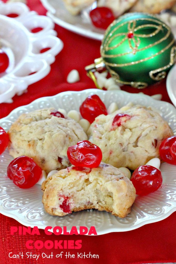 Pina Colada Cookies | Can't Stay Out of the Kitchen | these spectacular #Christmas #cookies have #pineapple, #coconut, #almonds, #candiedcherries & vanilla chips. They are out of this world good! Perfect for #holiday #baking & #ChristmasCookie Exchanges. #dessert #CherryDessert #PineappleDessert #PinaColada #ChristmasCookieExchange