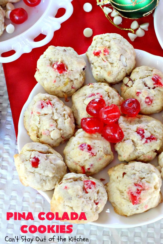 Pina Colada Cookies | Can't Stay Out of the Kitchen | these spectacular #Christmas #cookies have #pineapple, #coconut, #almonds, #candiedcherries & vanilla chips. They are out of this world good! Perfect for #holiday #baking & #ChristmasCookie Exchanges. #dessert #CherryDessert #PineappleDessert #PinaColada #ChristmasCookieExchange
