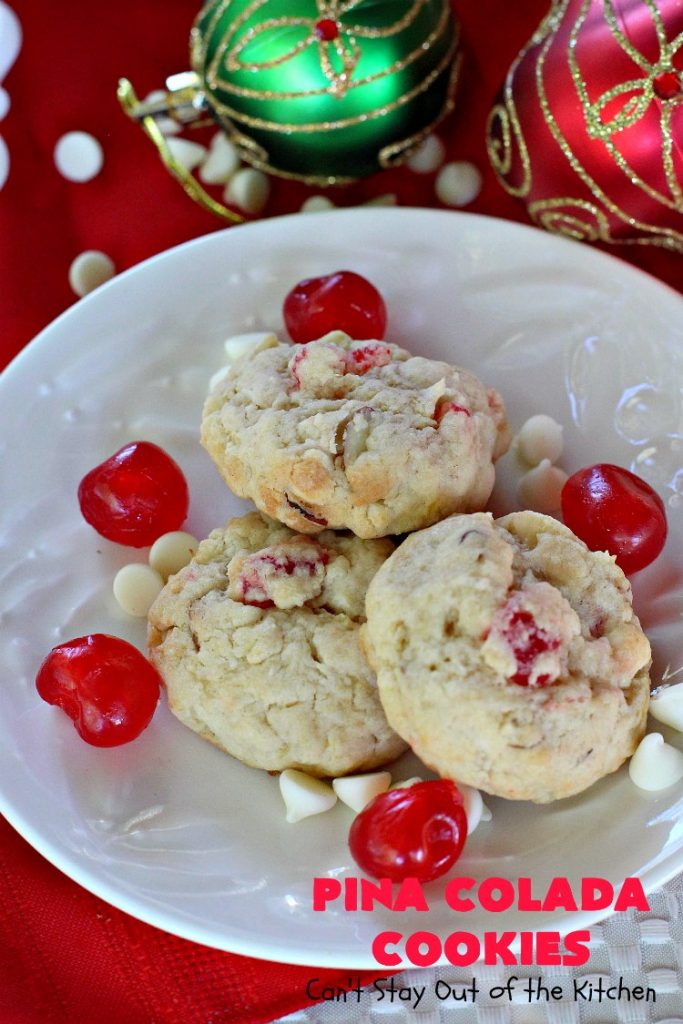 Pina Colada Cookies | Can't Stay Out of the Kitchen | these spectacular #Christmas #cookies have #pineapple, #coconut, #almonds, #candiedcherries & vanilla chips. They are out of this world good! Perfect for #holiday #baking & #ChristmasCookie Exchanges. #dessert #CherryDessert #PineappleDessert #PinaColada #ChristmasCookieExchange